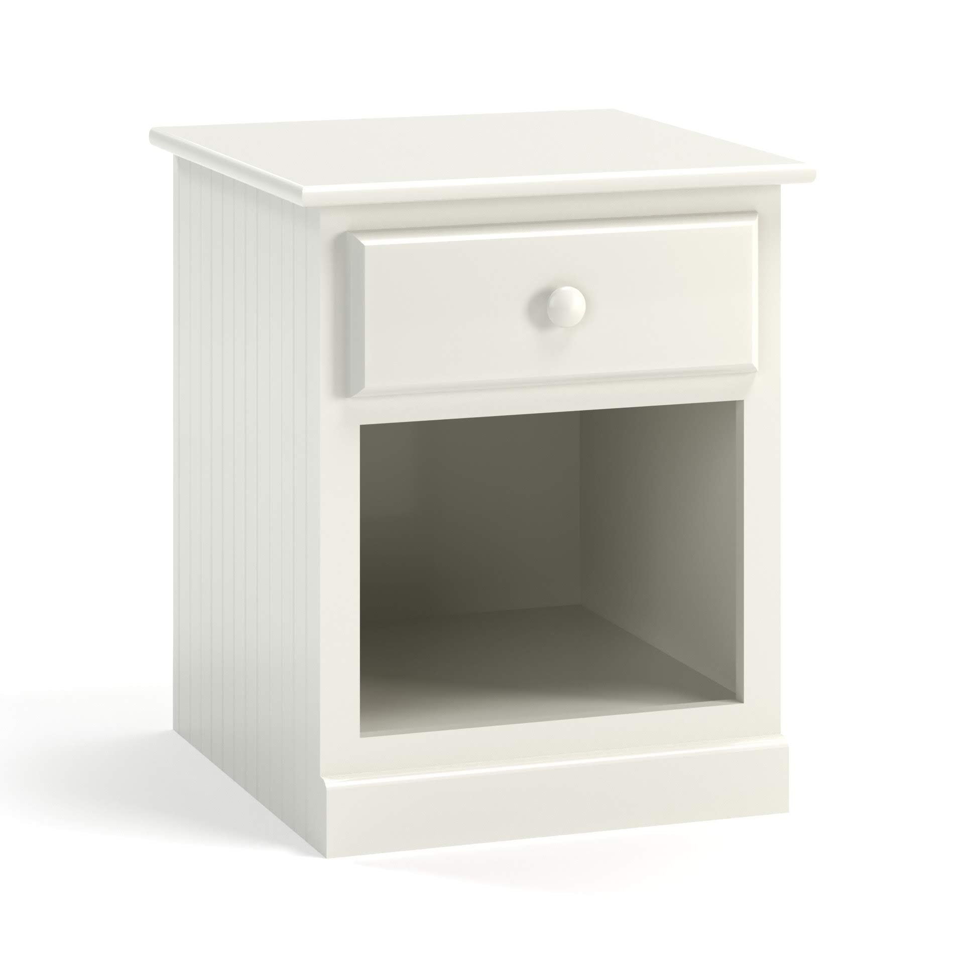 A birch single drawer nightstand, with full extension glides and a single cubby space. It is painted white and has bead board sides.