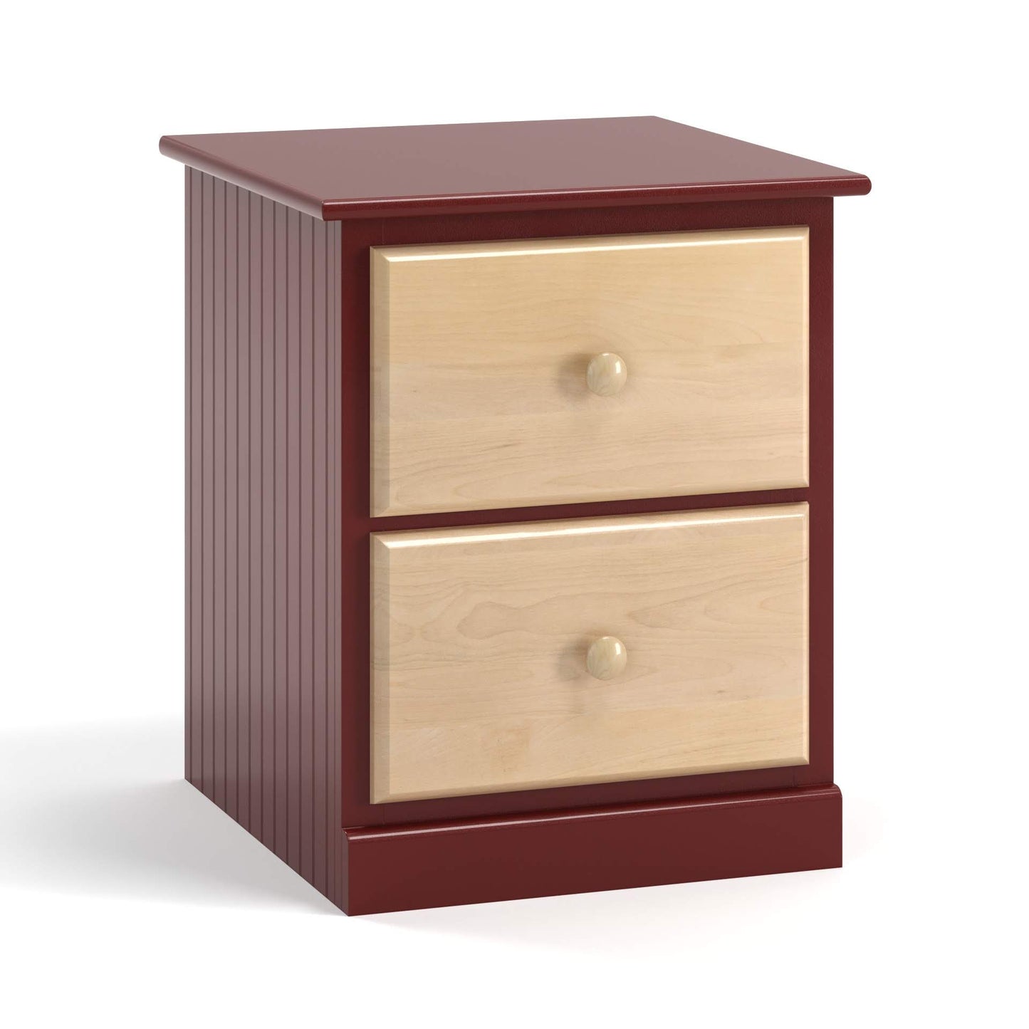 A birch two drawer nighstand, with full extension glides and bead board sides. Finish shown is natural and red heritage.