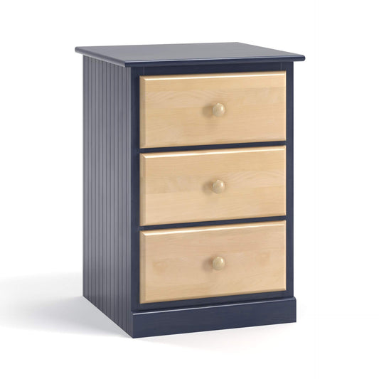 A three drawer nightstand with full extension glides and bead board sides. Pictured in denim and natural finish.