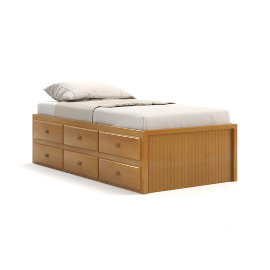 Acadia Storage Bed, featuring 6 drawers on both sides, pictured with bead board ends and in autumn gold finish. 