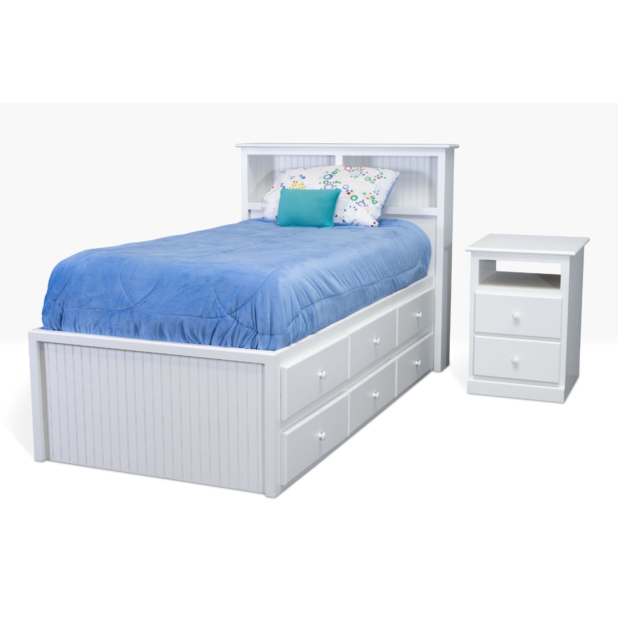 Acadia Cottage Storage Bed with 6 drawers on each side and a book case headboard for storage.  Pictured in white with a two drawer nightstand.