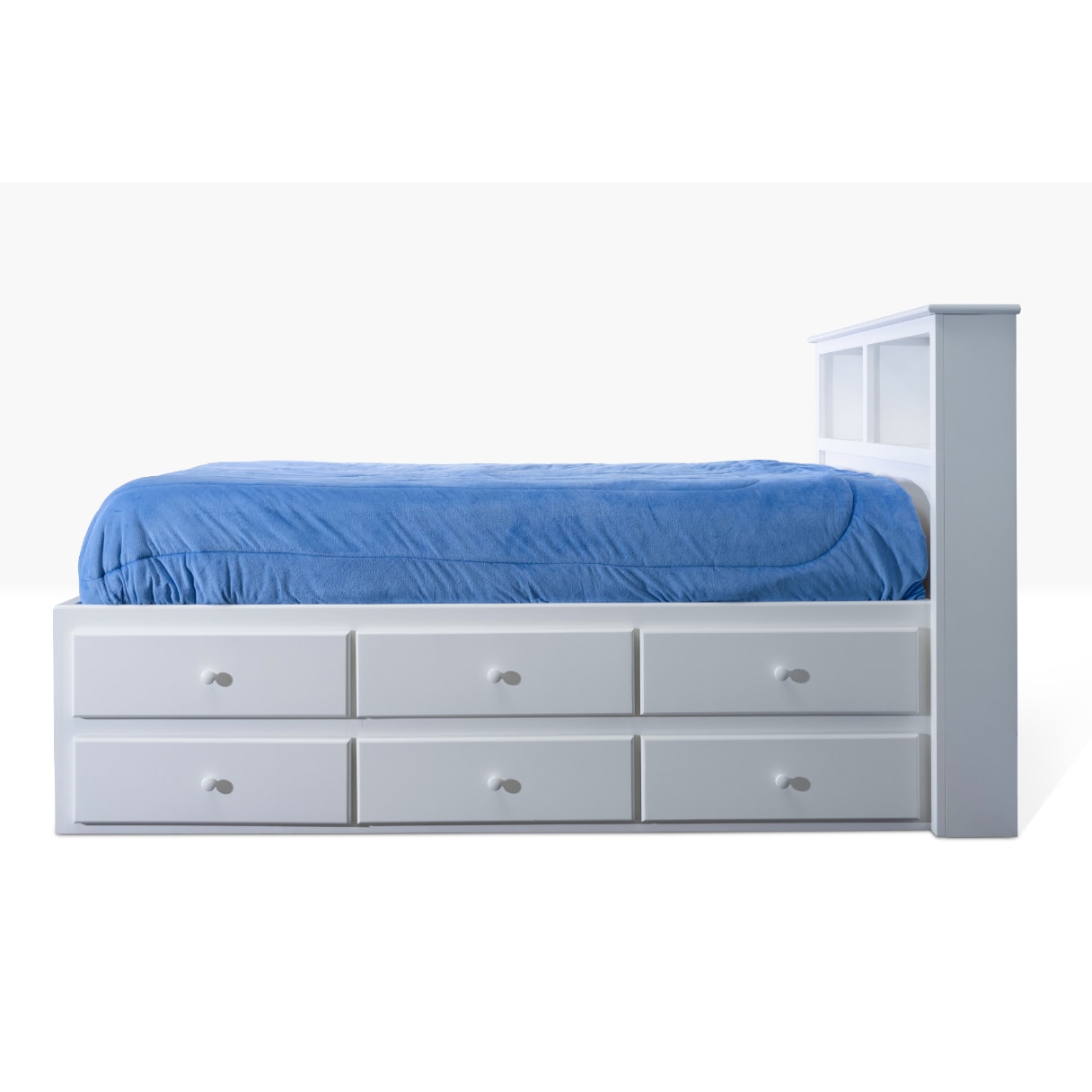 Acadia Cottage Storage Bed with 6 drawers on each side and a book case headboard for storage. Pictured in white from the side to highlight storage areas.