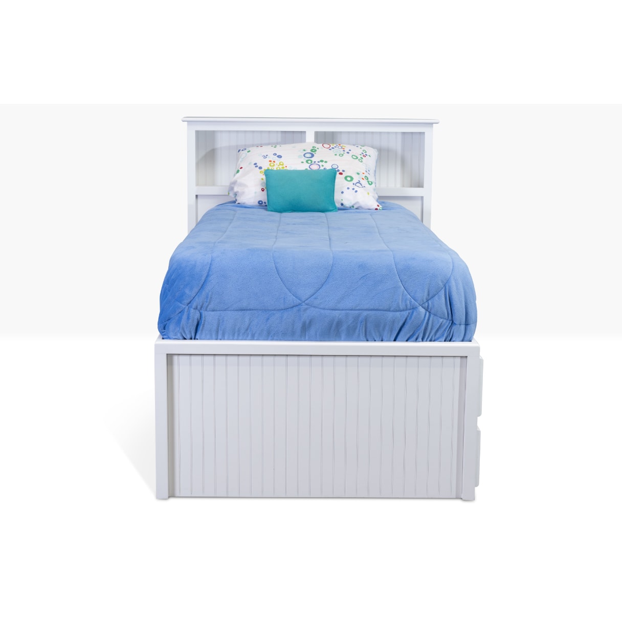 Acadia Cottage Storage Bed with 6 drawers on one side and a book case headboard for storage. The unit has a bead board end. Pictured in white from the front.