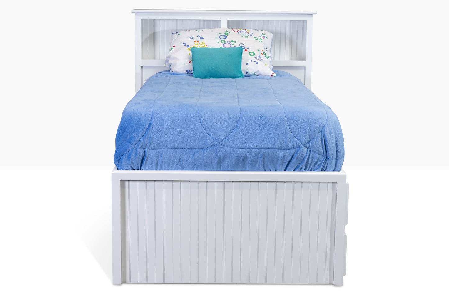 Acadia Cottage Storage Bed with 6 drawers on each side and a book case headboard for storage. Pictured in white with bead board end.