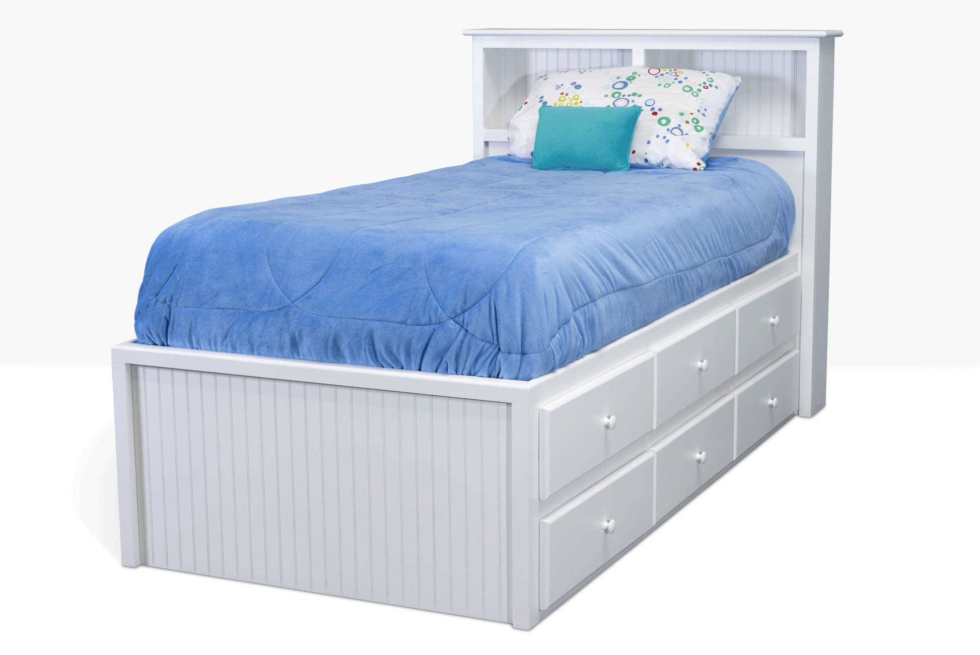 Acadia Cottage Storage Bed with 6 drawers on each side and a book case headboard for storage. Pictured in white with a two drawer nightstand with drawers extended to highlight storage areas.