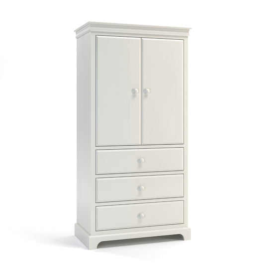Acadia Madison Armoire is built in birch and features three or five drawers, and either a hanging bar or adjustable shelves. Pictured in White.