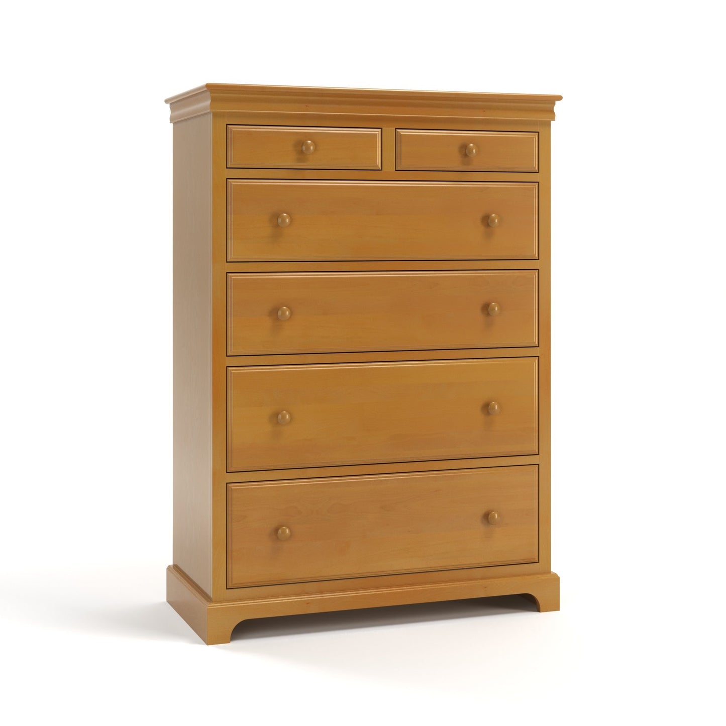Acadia Madison Chest with Split Top Drawer is built in birch and features crown moulding and 6 drawers. The top drawers are small, middle two are medium, and bottom two are large.  Pictured in Autumn Gold finish.