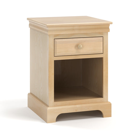 Acadia Madison One Drawer Nightstand with one full extension drawer and a cubby space underneath.  Features crown molding and pictured in natural finish.