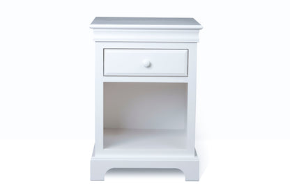 Acadia Madison One Drawer Nightstand with one full extension drawer and a cubby space underneath. Features crown molding and pictured in white.