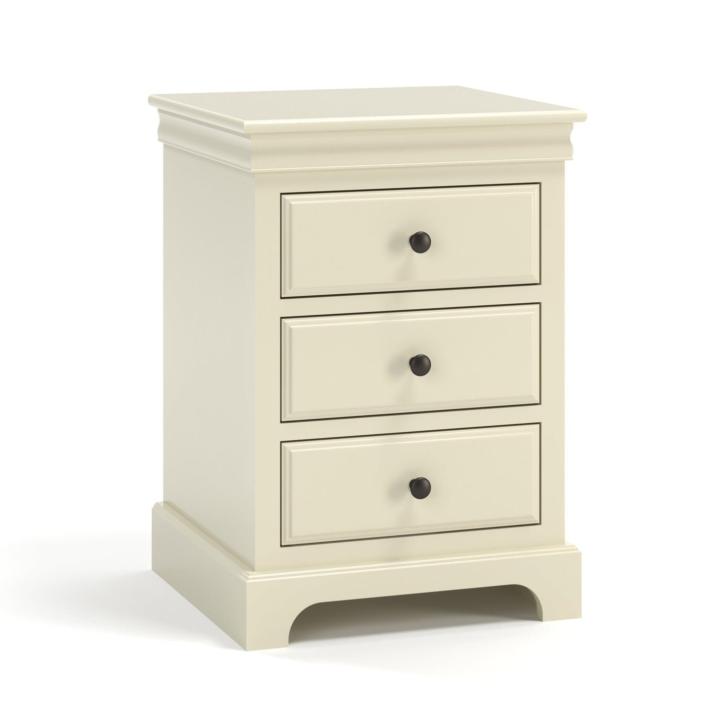 Acadia Madison Three Drawer Nightstand built from birch with crown molding and three full extension drawers. Pictured in Linen finish.