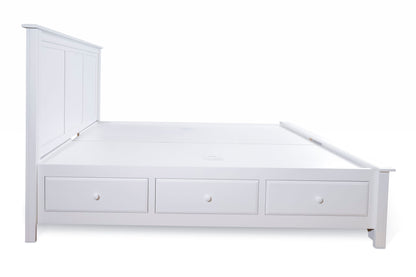Acadia Madison Storage Bed with three drawers on either side, shown without mattress and in White finish.
