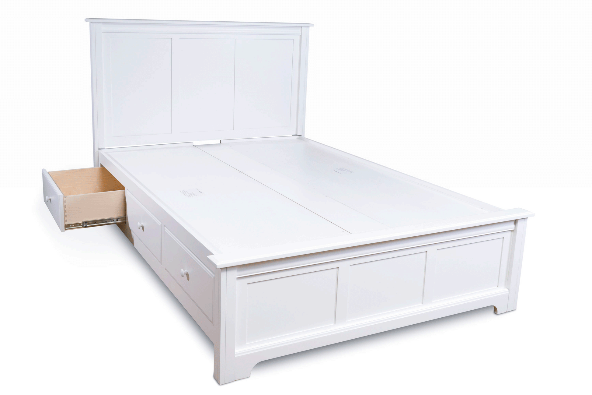 Acadia Madison Storage Bed with three drawers on either side, shown without mattress and in White finish. Drawers opened to show storage capacity.