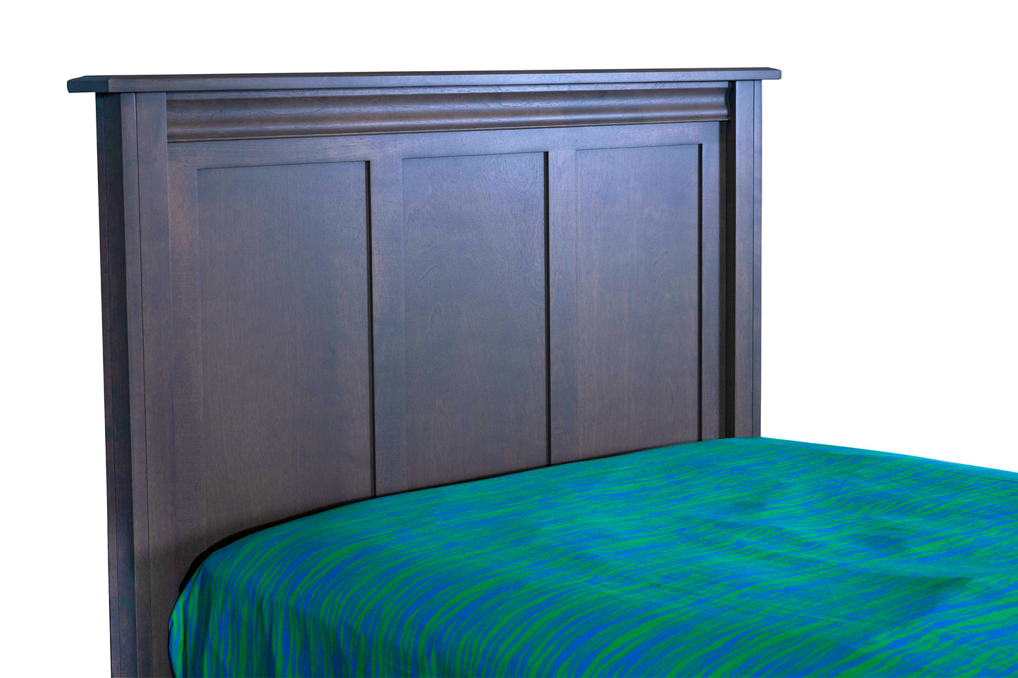 Acadia Madison Storage Bed features three drawers on one side. Pictured in twin size in Driftwood finish, close up on headboard to highlight detail.