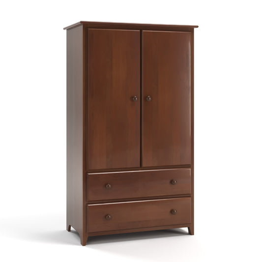 Acadia Shaker Armoire with two drawers is built with birch and features two drawers and either a hanging bar or adjustable shelves. Shown in Walnut finish.