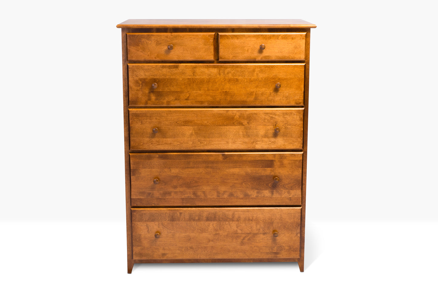 Acadia Shaker Chest with Split Top Drawer with four large drawers and two small drawers. Pictured in Walnut.