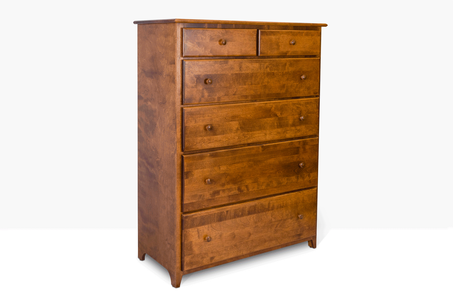Acadia Shaker Chest with Split Top Drawer with four large drawers and two small drawers. Pictured in Walnut finish with drawers open to highlight storage space.