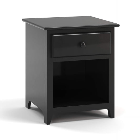 Acadia Shaker One Drawer Nightstand with one drawer and one storage cubby. Pictured in Black.