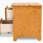 Acadia Shaker Two Drawer Nightstand is built from birch and features two drawers. Pictured in Autumn Gold finish shown with both drawers open to highlight storage space available.