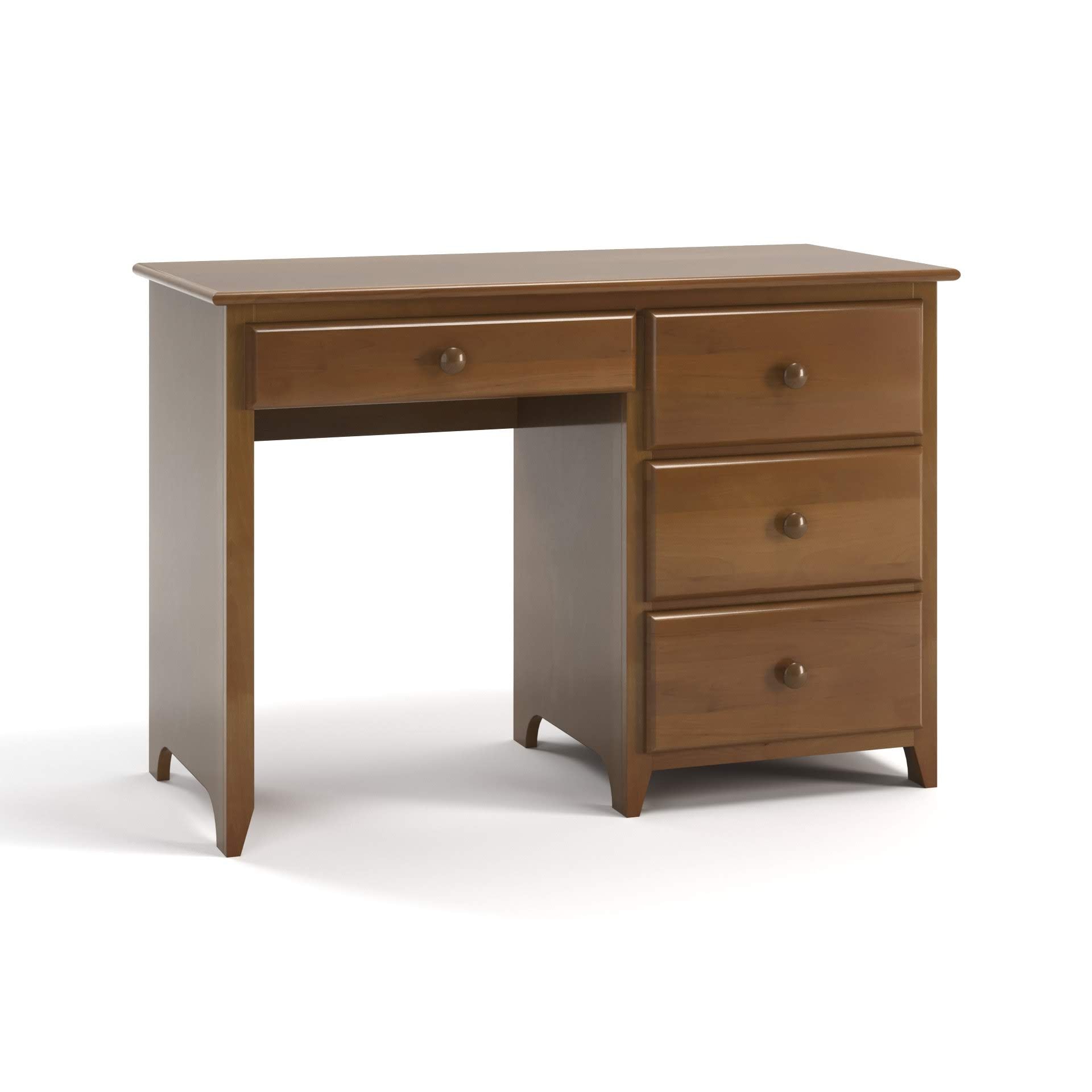 Acadia Shaker Student Desk, with one wide drawer and three drawers on the side. Pictured in Walnut Finish from a side angle.