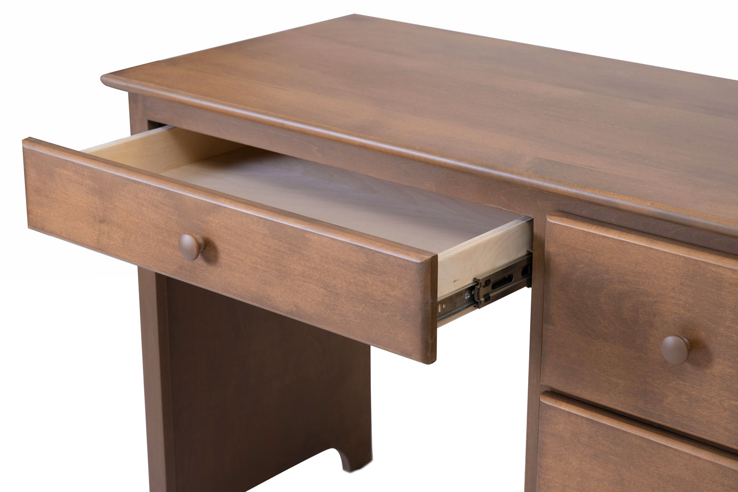 Acadia Shaker Student Desk shwon with wide drawer open to show storage space.
