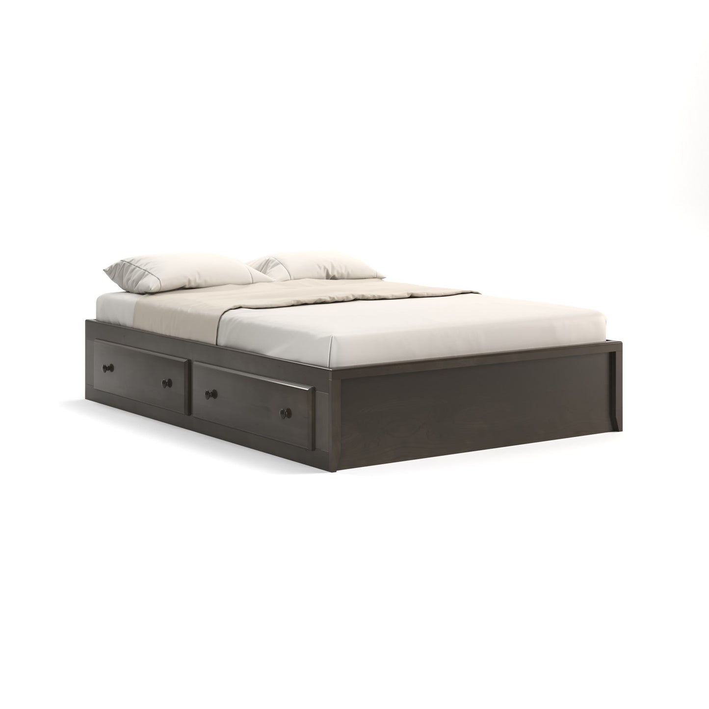 Acadia Shaker Storage Bed with Four Drawers, featuring two drawers on both sides. Pictured in Nitefall finish.