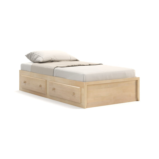 Acadia Shaker Storage Bed with Two Drawers on one side. Shown in Natural finish with mattress.