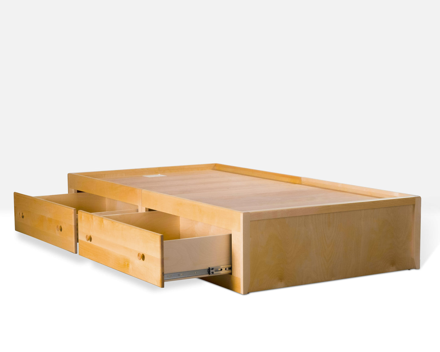 Acadia Shaker Storage Bed with two drawers, shown open and without mattress to highlight storage.