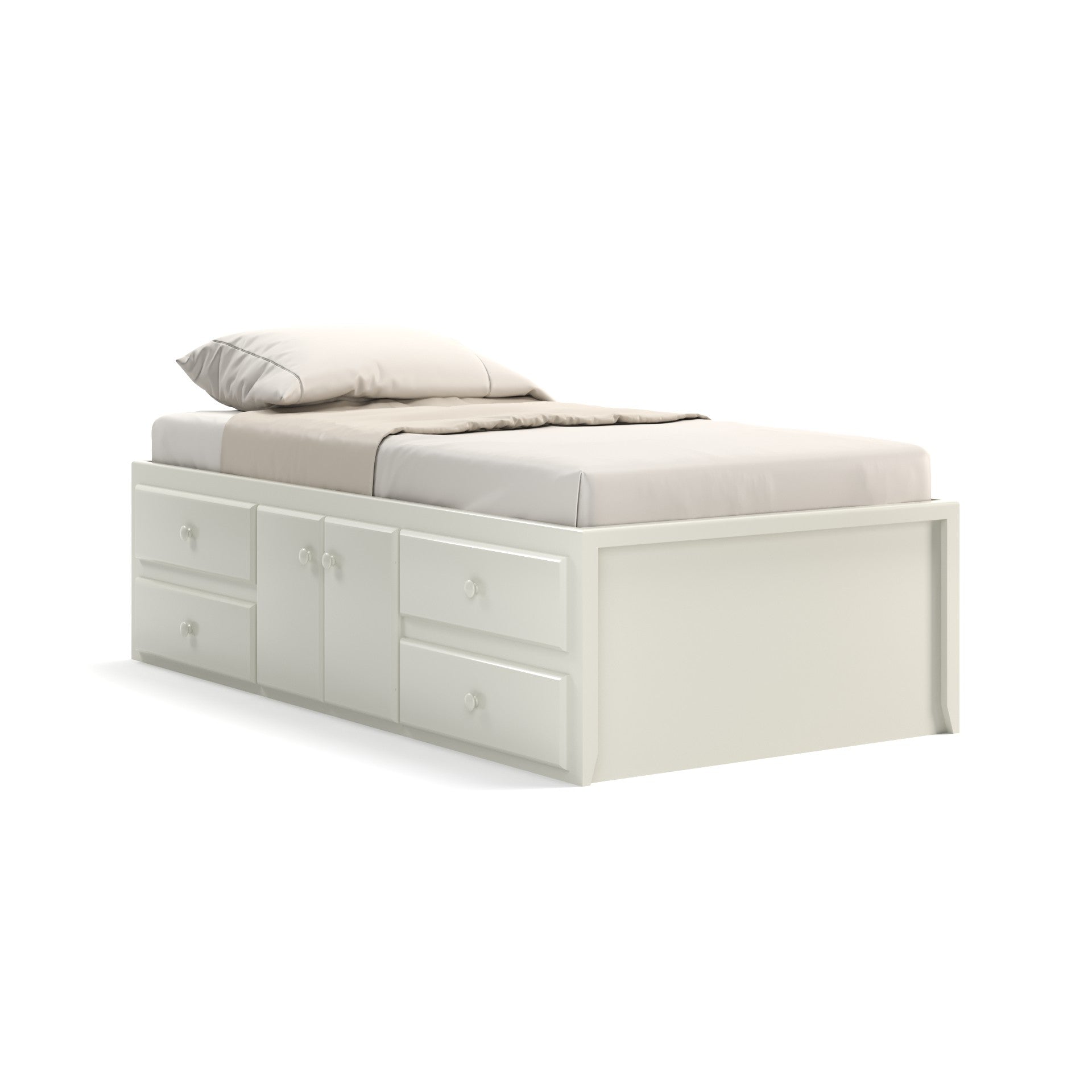 Acadia Shaker Storage Bed with Four Drawers and Two Doors. Featuring four storag drawers and two doors on one side for additional storage. Pictured in White.
