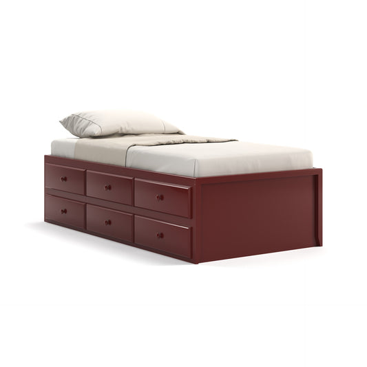 Acadia Shaker Storage Bed with Six Drawers on one side.  Shown in Heritage Red with mattress.