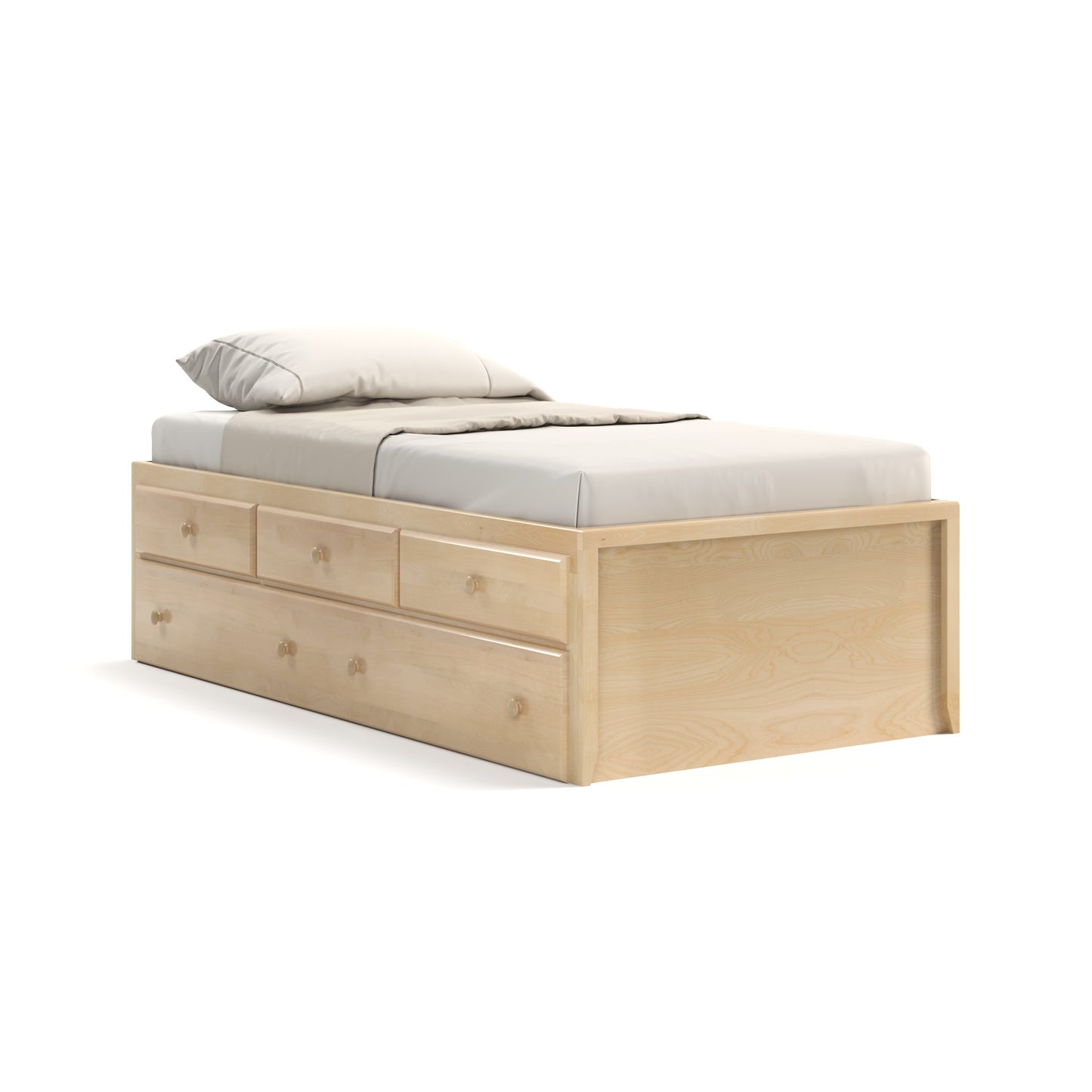 Acadia Shaker Storage Trundle Bed with three drawers. Features three storage drawers and a roll out trundle for an additional mattress. Shown in Natural Finish.