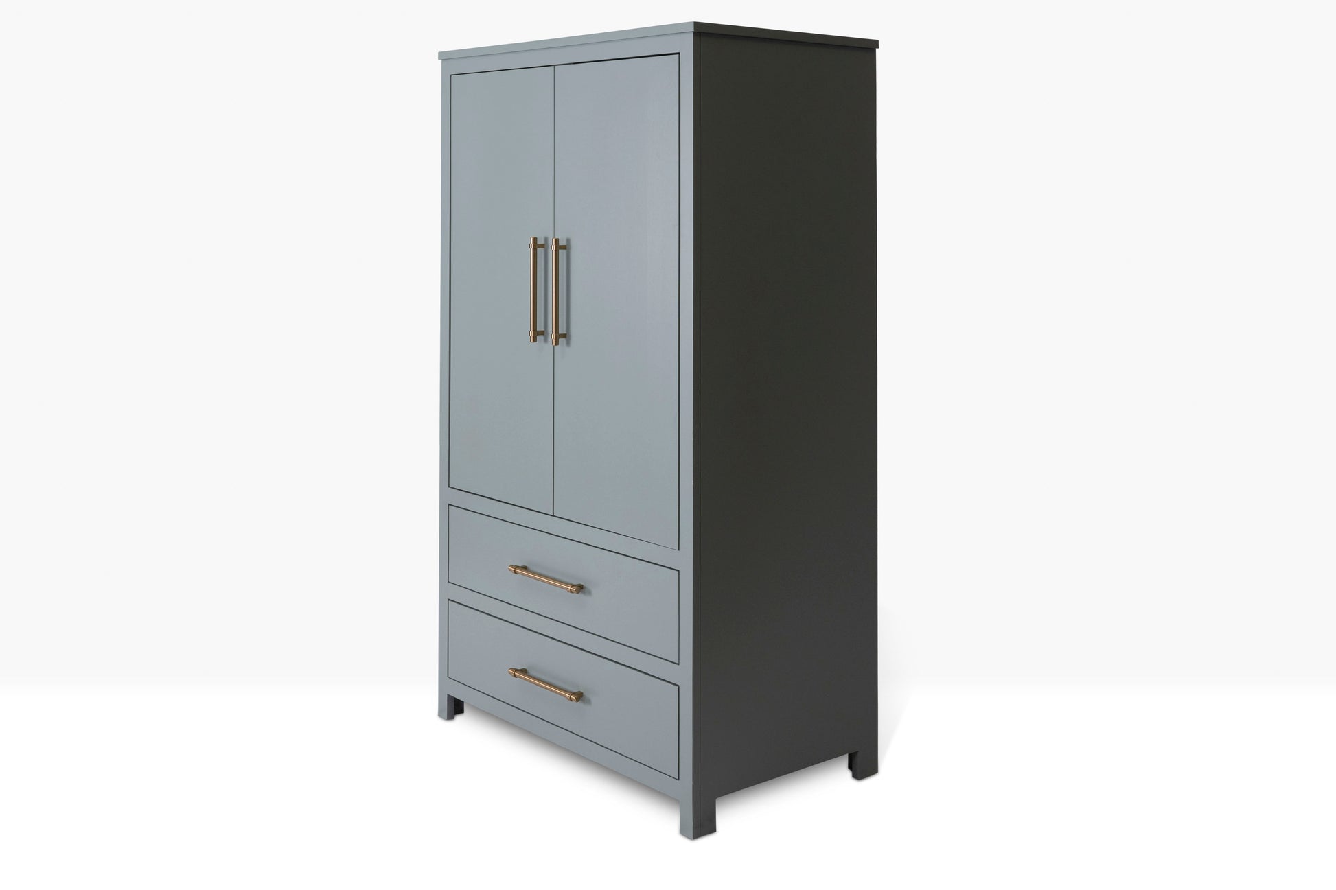 Acadia Tremont Armoire with Two Drawers shown from the side to show details. Pictured in Carolina Gull finish.