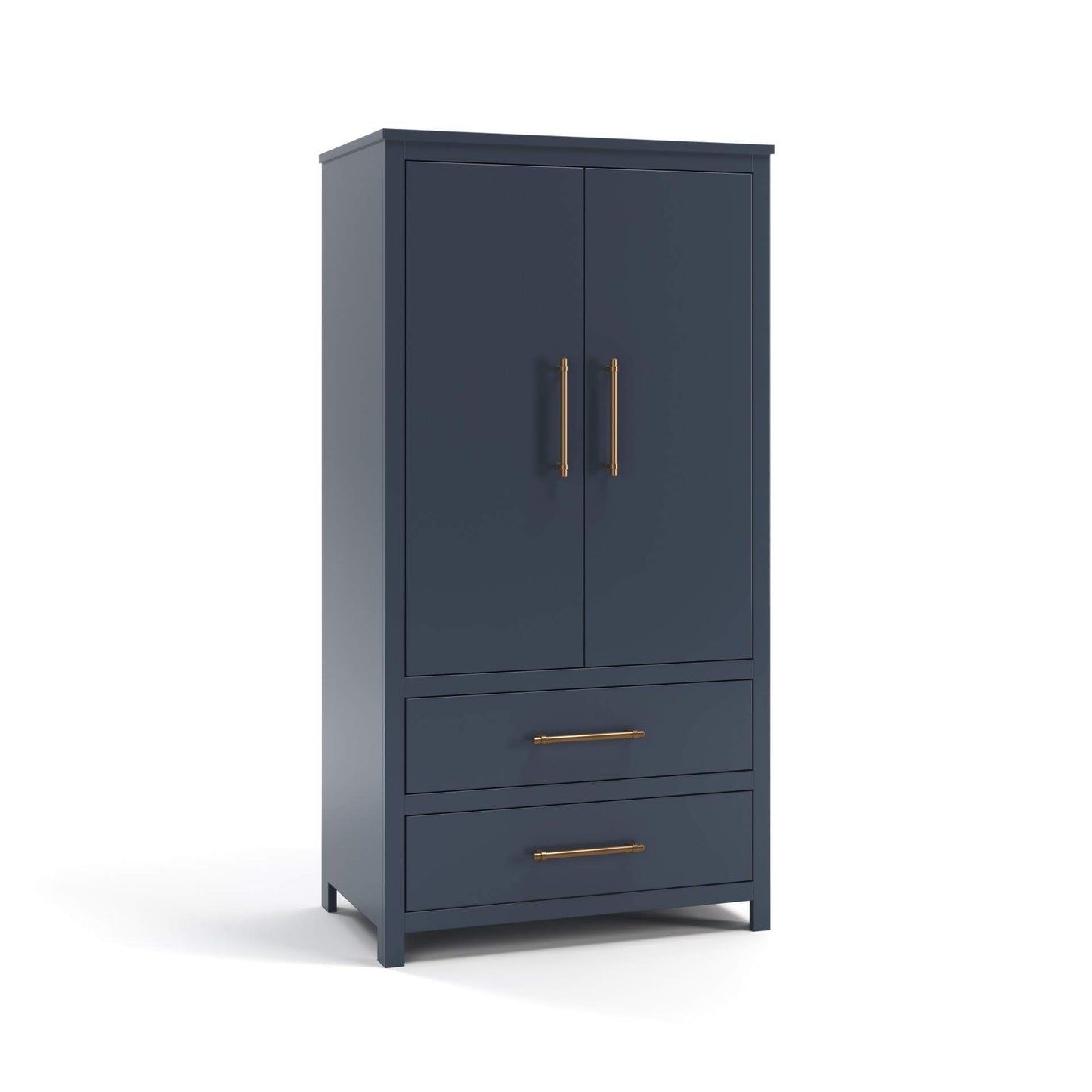 Acadia Tremont Armoire with Two Drawers features either a hanging bar or adjustable shelving as well as two drawers. Shown in Hale Navy finish.