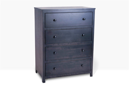 Acadia Tremont Chest is built with hardwood birch and features four drawers. Shown in Nitefall finish from side angle to highlight grain and details.