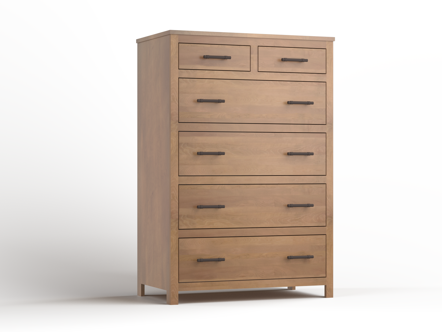 Acadia Tremont Chest with Split Top Drawer is built in birch with a sandstone finish. Features four standard drawers and two small drawers on the top row.