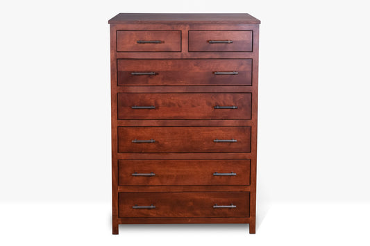 Acadia Tremont Chest with a Split Top Drawer is built with birch and features five standard drawers as well as two small drawers. Shown in Cherry finish.