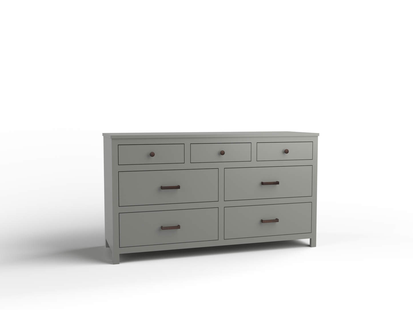 Acadia Tremont Seven Drawer Dresser features three small drawers as well as four large drawers below. Pictured in Carolina Gull finish.