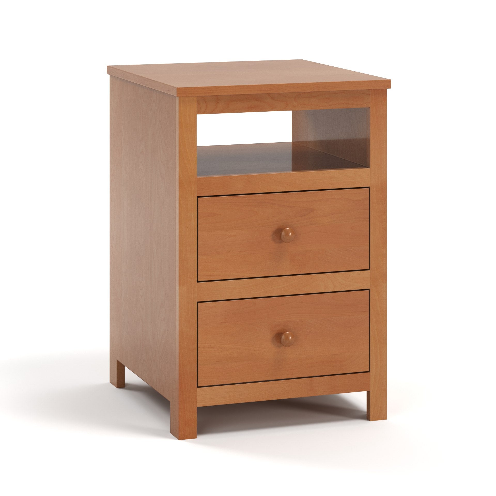 Acadia Tremont Two Drawer Nightstand with Open Space Features two full extension drawers and an open space for additional storage. Shown in Nutmeg finish.