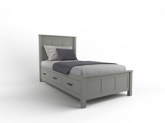 Acadia Tremont Storage Bed with Three drawers, built in birch with three drawers on one side. Shown in Carolina Gull finish.