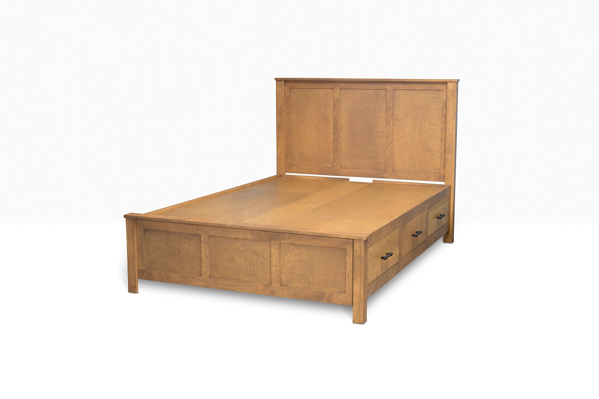 Acadia Tremont Storage Bed with Three Drawers in Early American finish, from the side, showing three storage drawers.