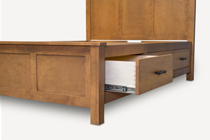 Acadia Tremont Storage Bed with three Drawers, with one drawer open to show storage space. Pictured in Early Amerian finish.