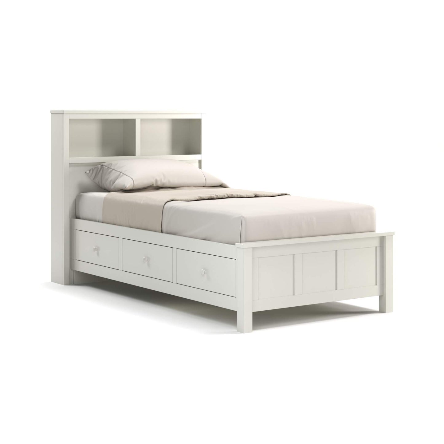 Acadia Tremont Storage Bed with Bookcase Headboard and Three Drawers is built in birch and has three drawers on one side as well as storage space in the headboard. Shown in white.