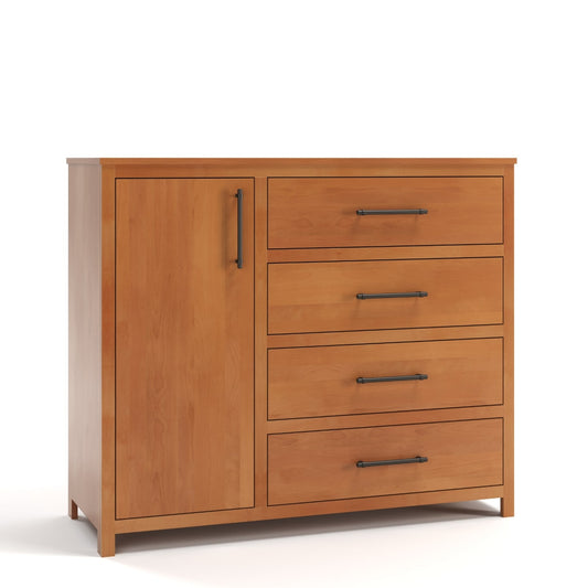 Acadia Tremont Wardrobe is built in birch and features four drawers and one door. Pictured in Nutmeg finish.