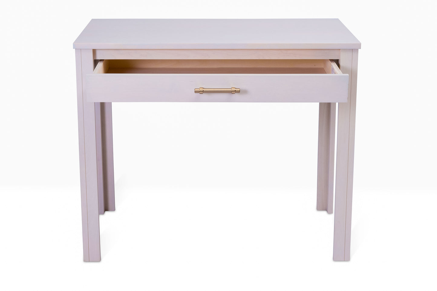 Acadia Tremont Writing Desk with drawer open to show storage space. Pictured in Sandstone Finish.