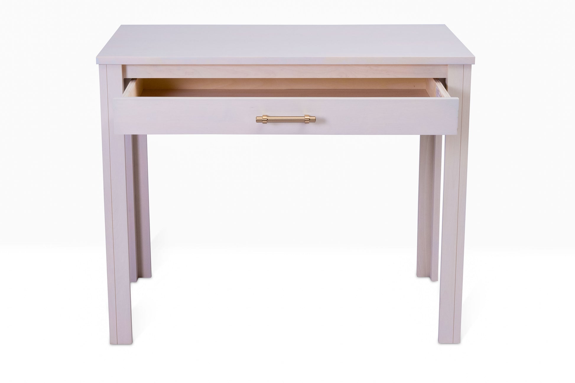 Acadia Tremont Writing Desk with drawer open to show storage space. Pictured in Sandstone Finish.