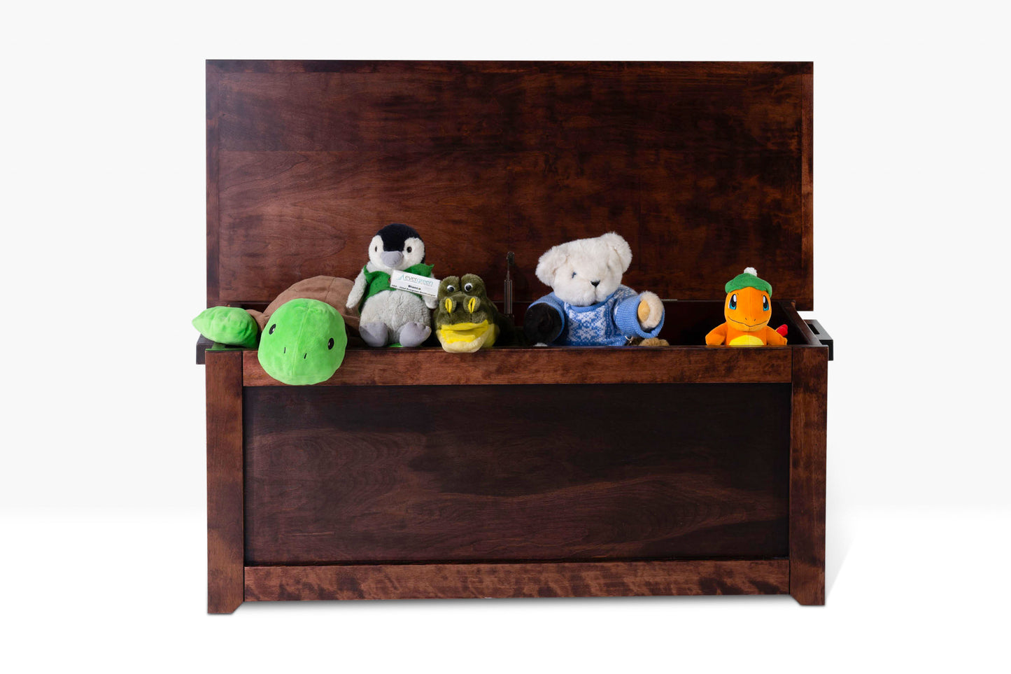 Berkshire Blanket Chest built in birch in Nutmeg finish. Shown with stuffed animals inside. 