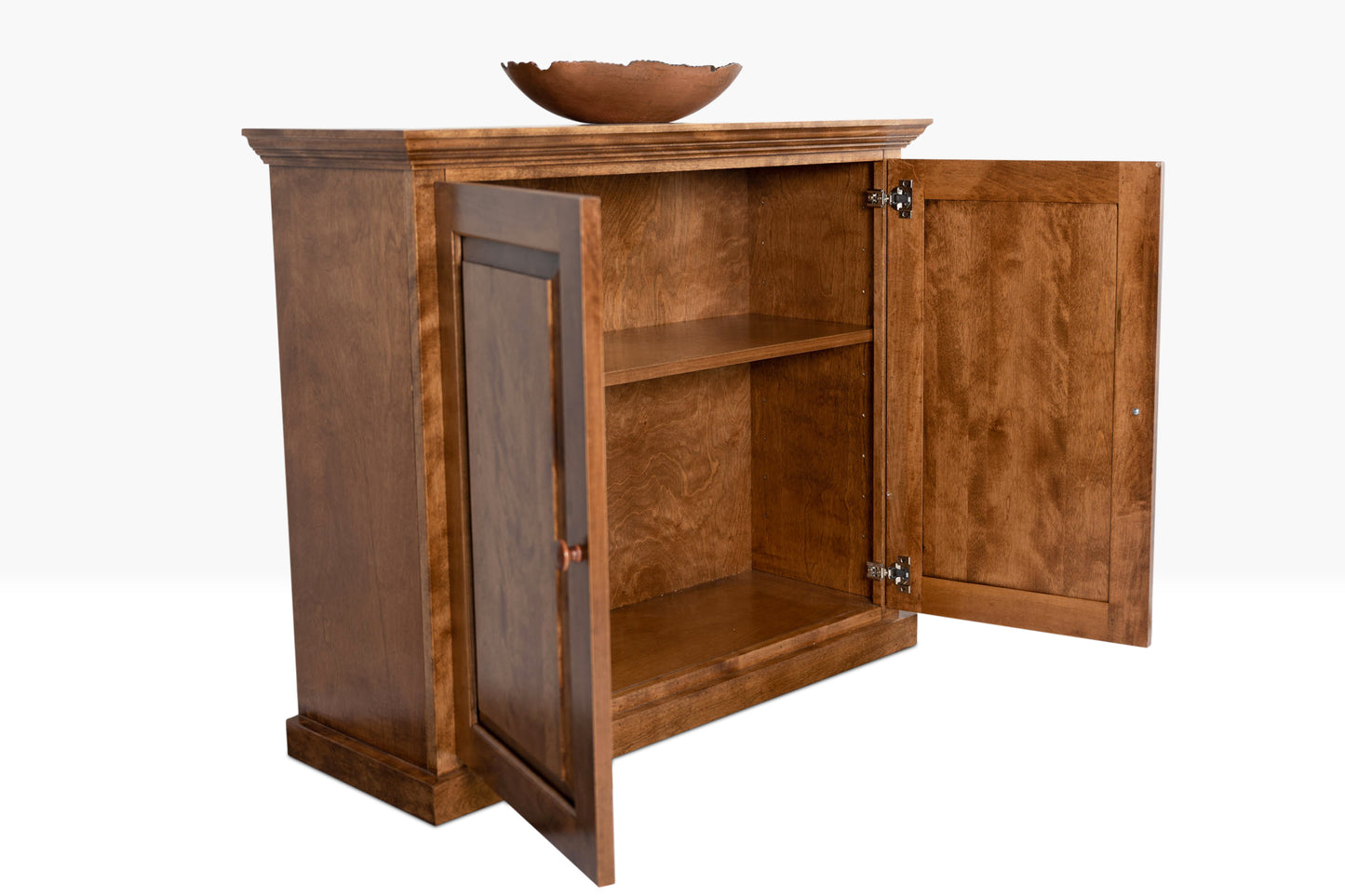 Berkshire Dover Cabinet built in birch with adjustable shelving, shown open in  country pine finish.