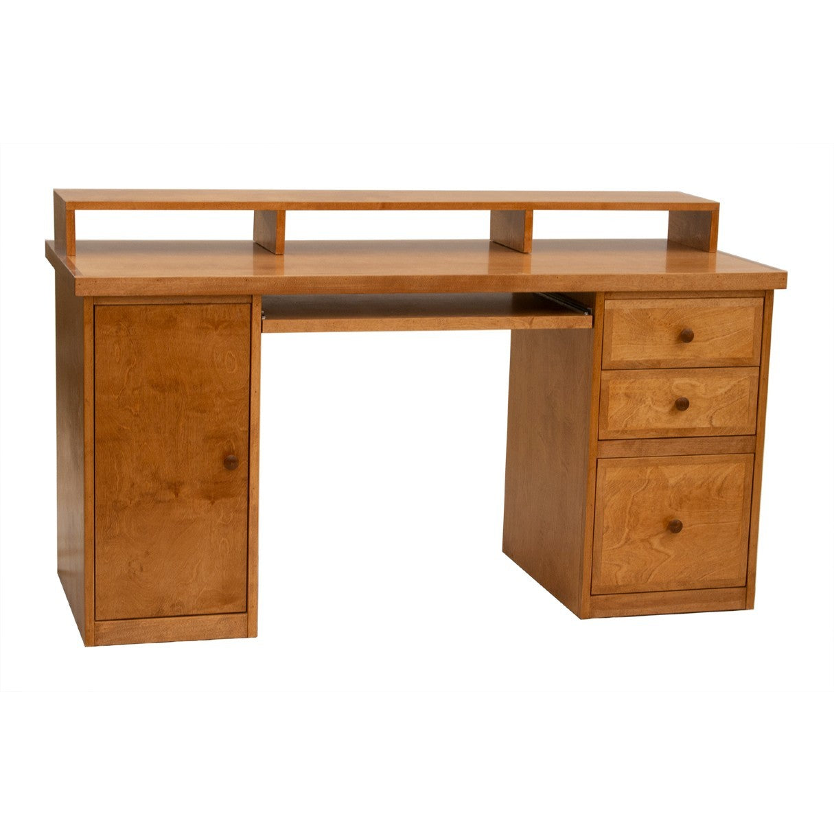 Berkshire Home Desk with Cabinet features three drawers, a cabinet with adjustable shelving, and a sliding tray. Shown in Meadow Oak finish.