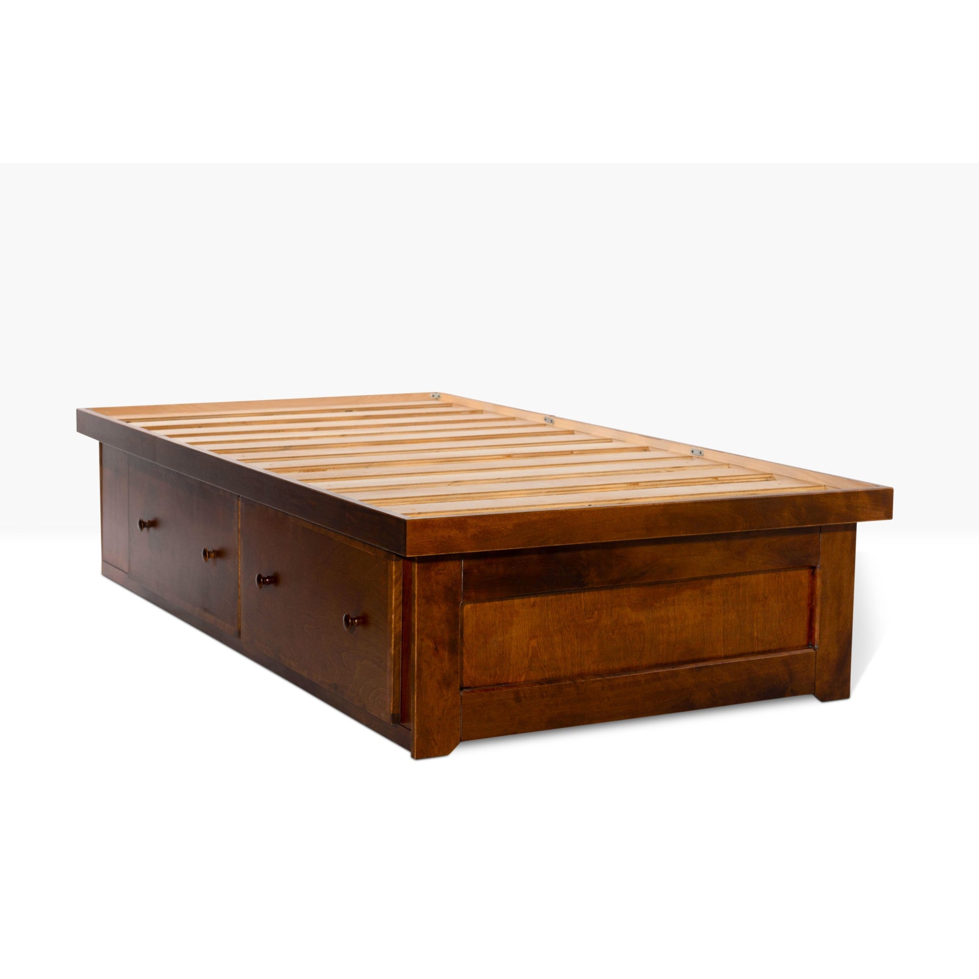 Berkshire Low Storage Bed with four drawers, features two drawers on either side. Shown in Orange Walnut finish.