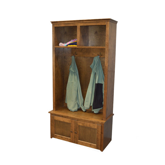 Berkshire Plymouth Hall Tree with Doors is build from birch and features coat hangers as well as storage space in base and on top. Shown in Country Pine finish.