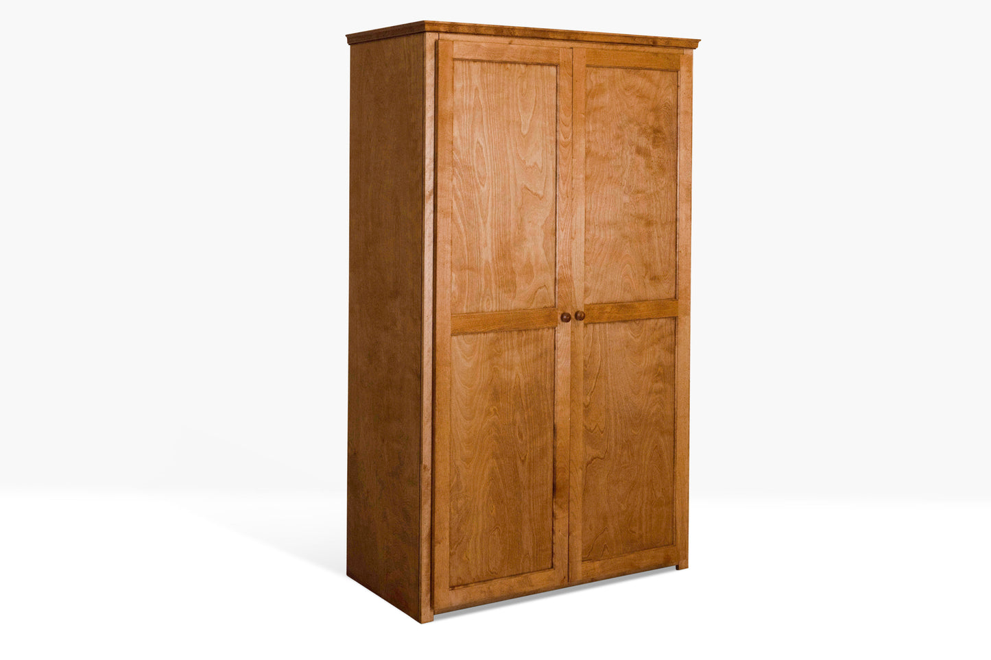 Berkshire Plymouth Pantry Cabinet shown from side angle. Features include crown moulding and adjustable shelves. Shown in Legacy Cherry finish.